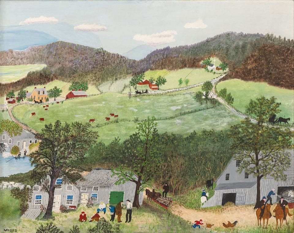 Painting of rolling green hills with people an